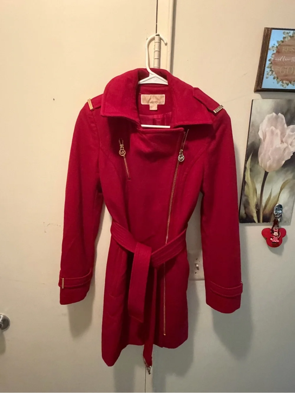 Michael Kors Red Wool Belted Asymmetrical Zip Coat Size 0